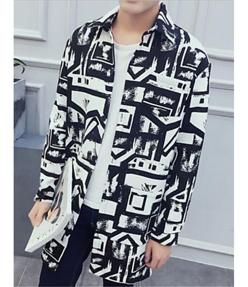 Men's Lapel Print Casual Trench Coat