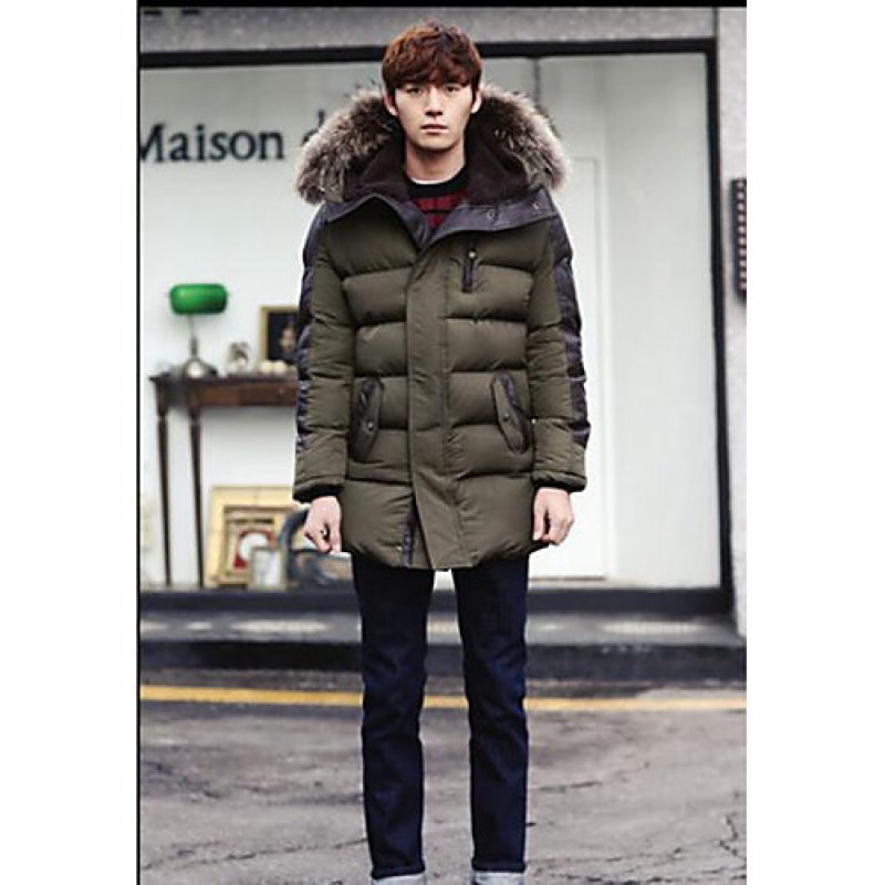 Men's Casual/Daily Simple Coat,Solid Hooded Long Sleeve Winter Green Polyester