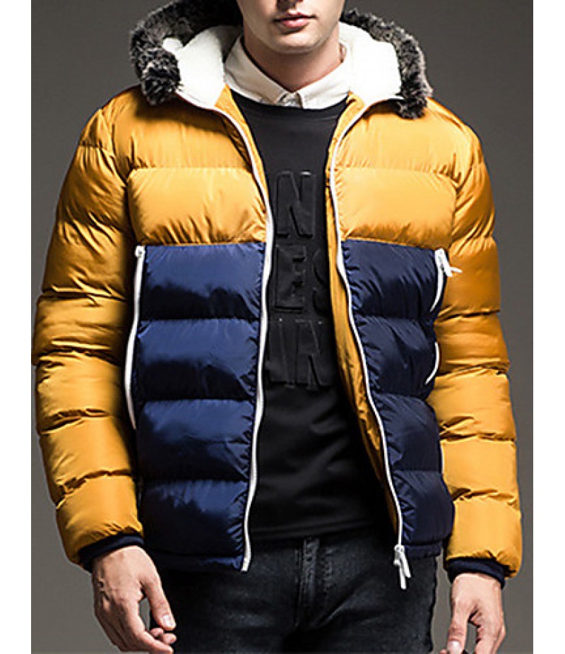 Men's Regular Padded Coat,Polyester / Nylon Patchwork Long Sleeve