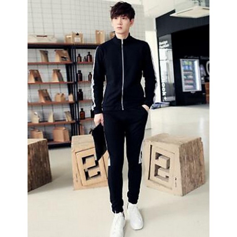 Men's Casual/Daily Simple Regular Hoodies,Striped Black Round Neck Long Sleeve Cotton Fall Medium Micro-elastic